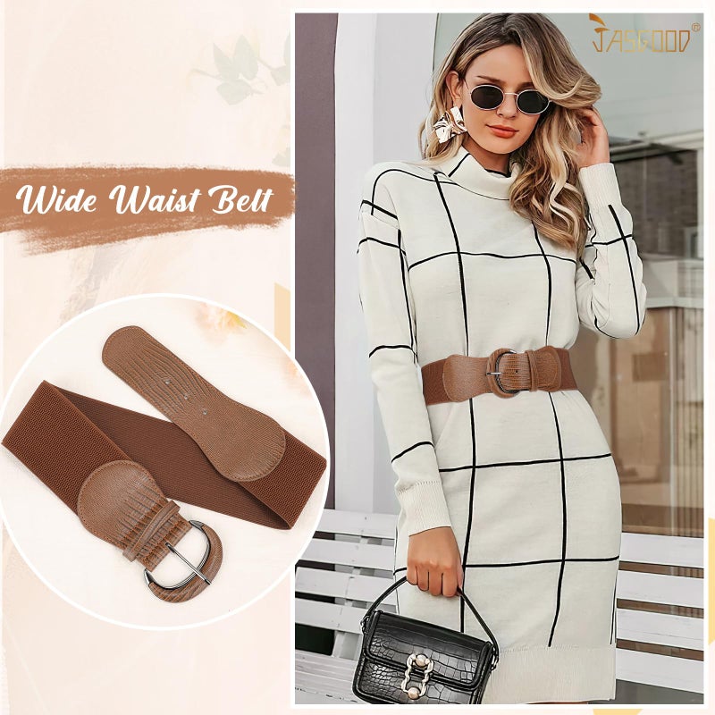JASGOOD Women Stretchy Wide Waist Belt for Dress Ladies Elastic Belt Hook Buckle (Suit for Size 26-30 Inches,B-Brown) - Image 3